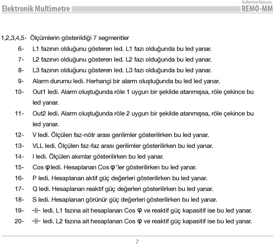 Alarm oluştuğunda röle 1 uygun bir şekilde atanmışsa, röle çekince bu led yanar. 11- Out2 ledi. Alarm oluştuğunda röle 2 uygun bir şekilde atanmışsa, röle çekince bu led yanar. 12- V ledi.