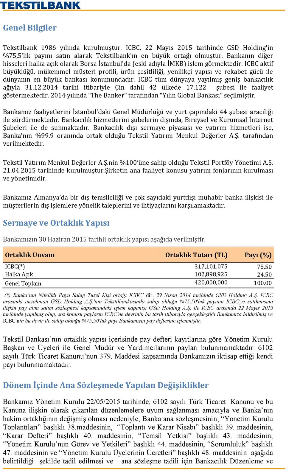 ICBC aktif büyüklüğü, mükemmel müşteri profili, ürün çeşitliliği, yenilikçi yapısı ve rekabet gücü ile dünyanın en büyük bankası konumundadır. ICBC tüm dünyaya yayılmış geniş bankacılık ağıyla 31.12.