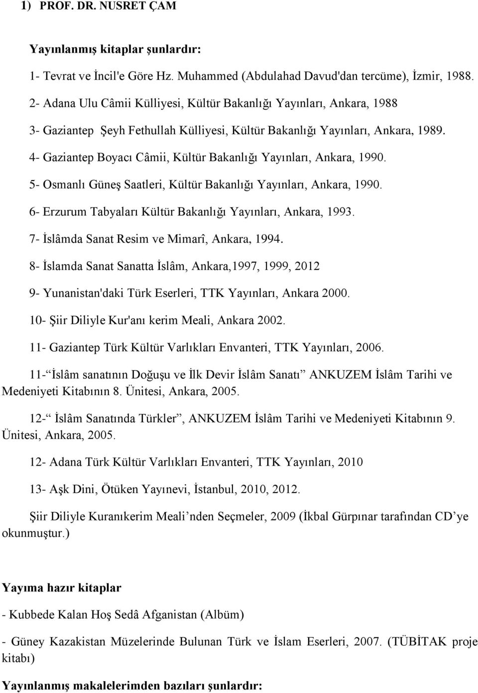 4- Gaziantep Boyacı Câmii, Kültür Bakanlığı Yayınları, Ankara, 1990. 5- Osmanlı Güneş Saatleri, Kültür Bakanlığı Yayınları, Ankara, 1990. 6- Erzurum Tabyaları Kültür Bakanlığı Yayınları, Ankara, 1993.