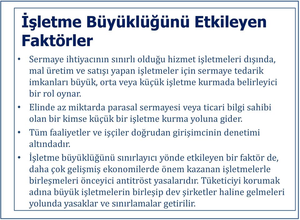 Tüm faaliyetler ve işçiler doğrudan girişimcinin denetimi altındadır.