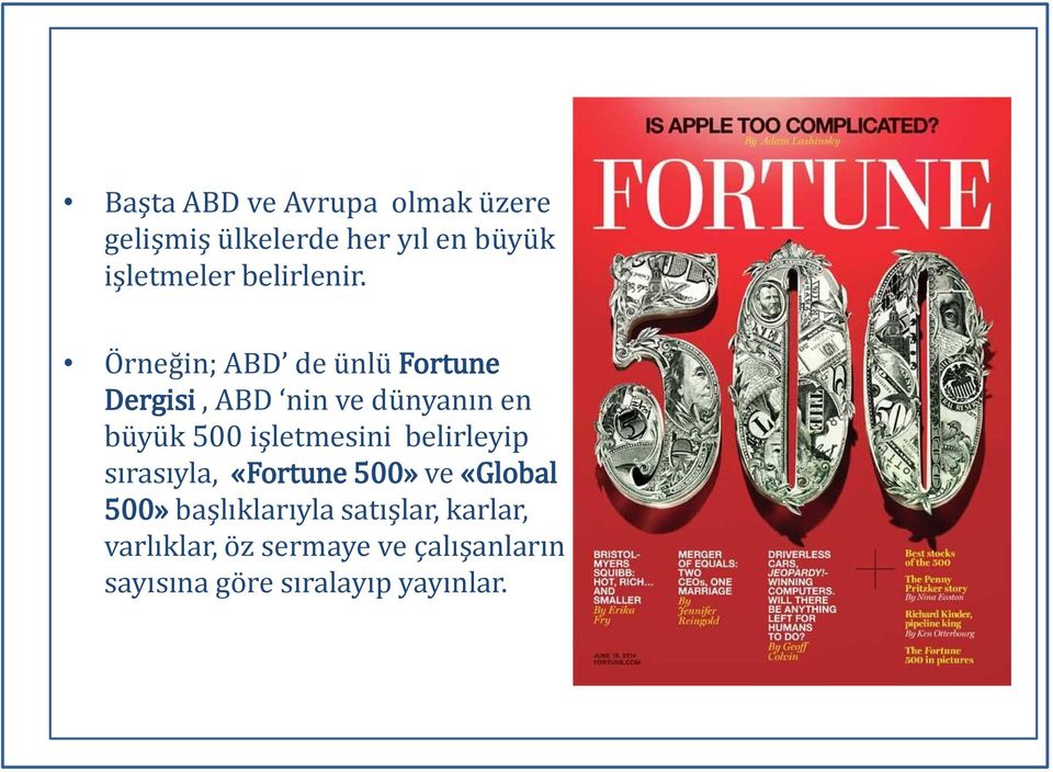 Örneğin; ABD de ünlü Fortune Dergisi, ABD nin ve dünyanın en büyük 500 işletmesini
