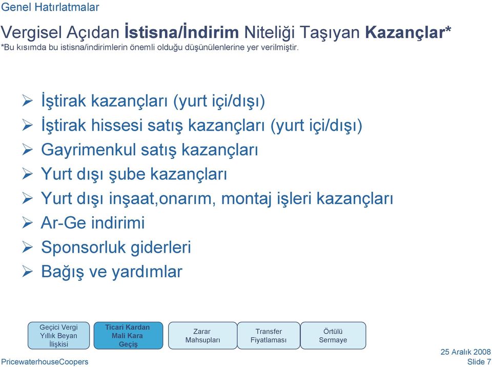 İştirak kazançları (yurt içi/dışı) İştirak hissesi satış kazançları (yurt içi/dışı) Gayrimenkul satış kazançları Yurt dışı şube