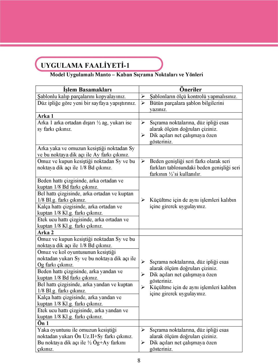 Omuz ve kupun kesiştiği noktadan Sy ve bu noktaya dik açı ile 1/8 Bd çıkınız. Beden hattı çizgisinde, arka ortadan ve kuptan 1/8 Bd farkı çıkınız. Bel hattı çizgisinde, arka ortadan ve kuptan 1/8 Bl.