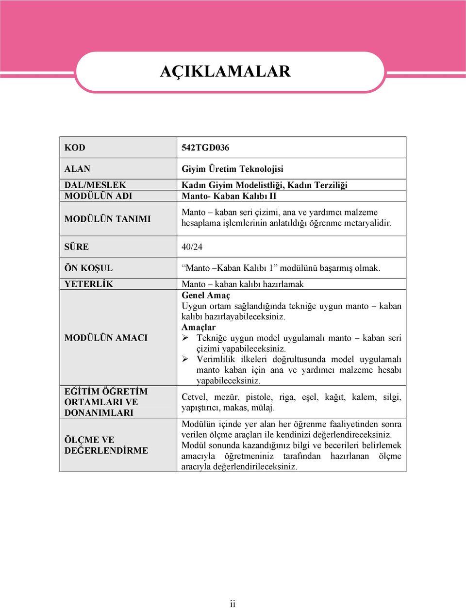 SÜRE 40/24 ÖN KOŞUL YETERLİK MODÜLÜN AMACI EĞİTİM ÖĞRETİM ORTAMLARI VE DONANIMLARI ÖLÇME VE DEĞERLENDİRME Manto Kaban Kalıbı 1 modülünü başarmış olmak.