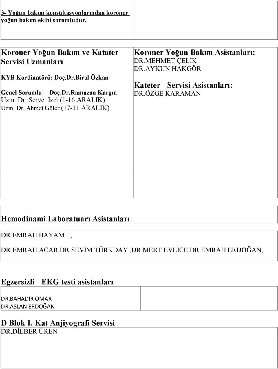 MEHMET ÇELĠK DR.AYKUN HAKGÖR Kateter Servisi Asistanları: DR.ÖZGE KARAMAN Hemodinami Laboratuarı Asistanları DR.EMRAH BAYAM, DR.EMRAH ACAR,DR.