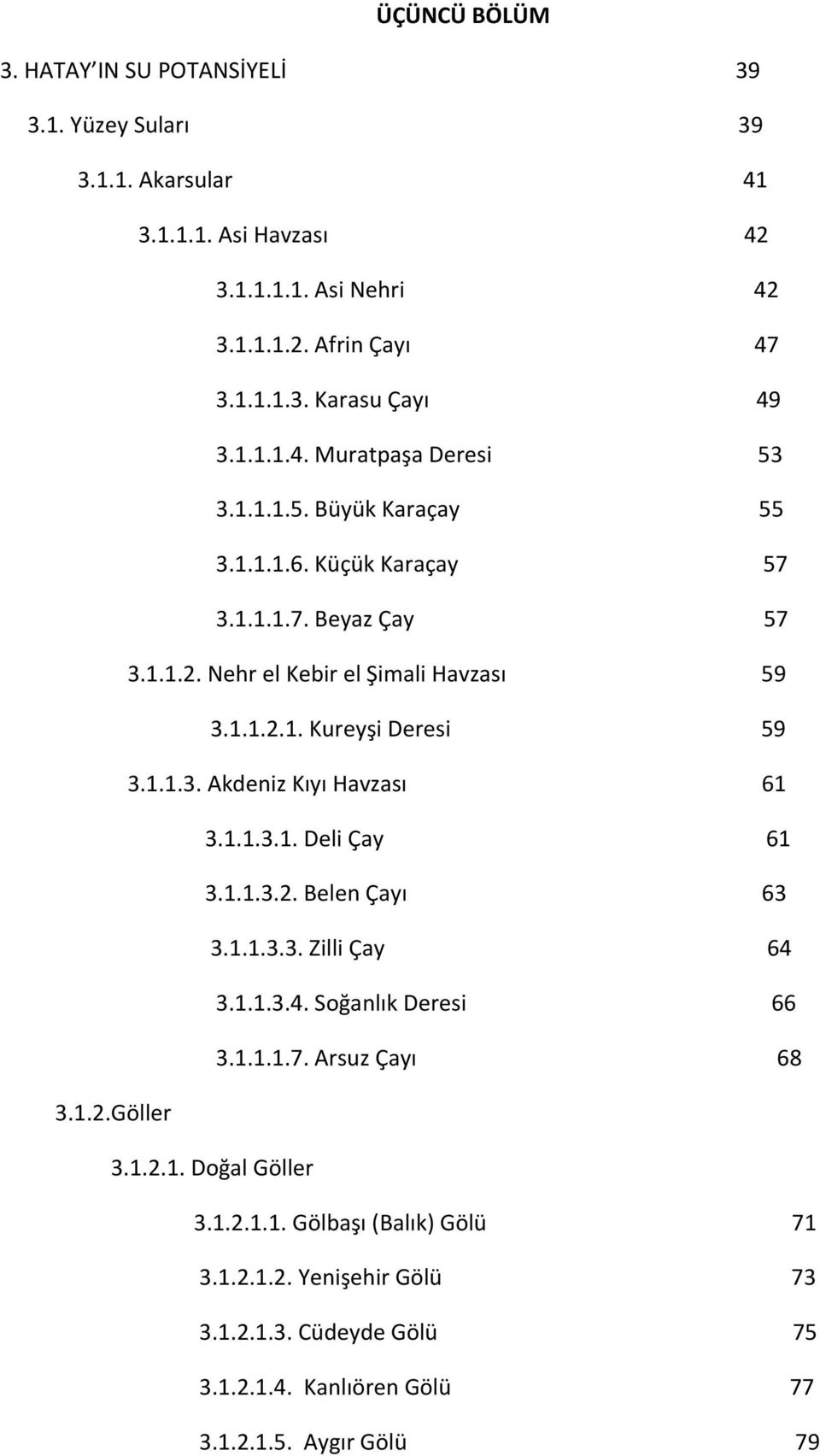 1.1.3. Akdeniz Kıyı Havzası 61 3.1.1.3.1. Deli Çay 61 3.1.1.3.2. Belen Çayı 63 3.1.1.3.3. Zilli Çay 64 3.1.1.3.4. Soğanlık Deresi 66 3.1.1.1.7. Arsuz Çayı 68 3.1.2.Göller 3.1.2.1. Doğal Göller 3.