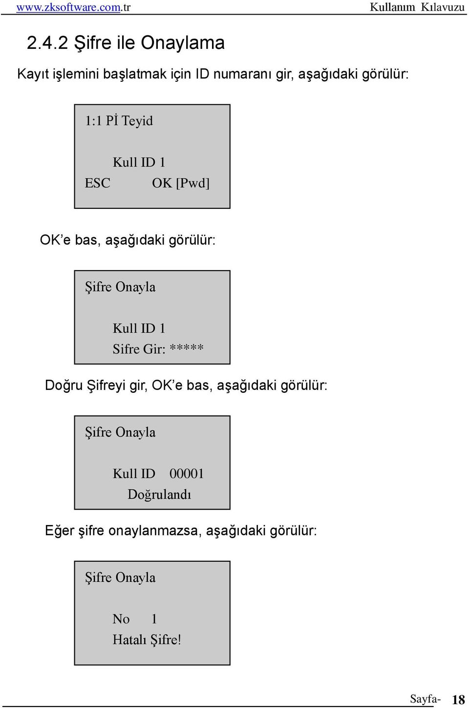 Sifre Gir: ***** Doğru Şifreyi gir, OK e bas, aşağıdaki görülür: Şifre Onayla Kull ID 00001