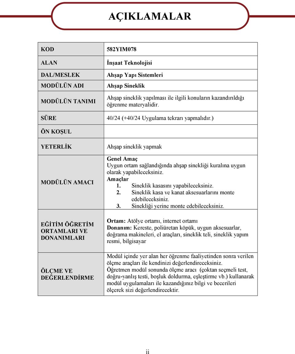 ) ÖN KOŞUL YETERLİK MODÜLÜN AMACI EĞİTİM ÖĞRETİM ORTAMLARI VE DONANIMLARI ÖLÇME VE DEĞERLENDİRME Ahşap sineklik yapmak Genel Amaç Uygun ortam sağlandığında ahşap sinekliği kuralına uygun olarak