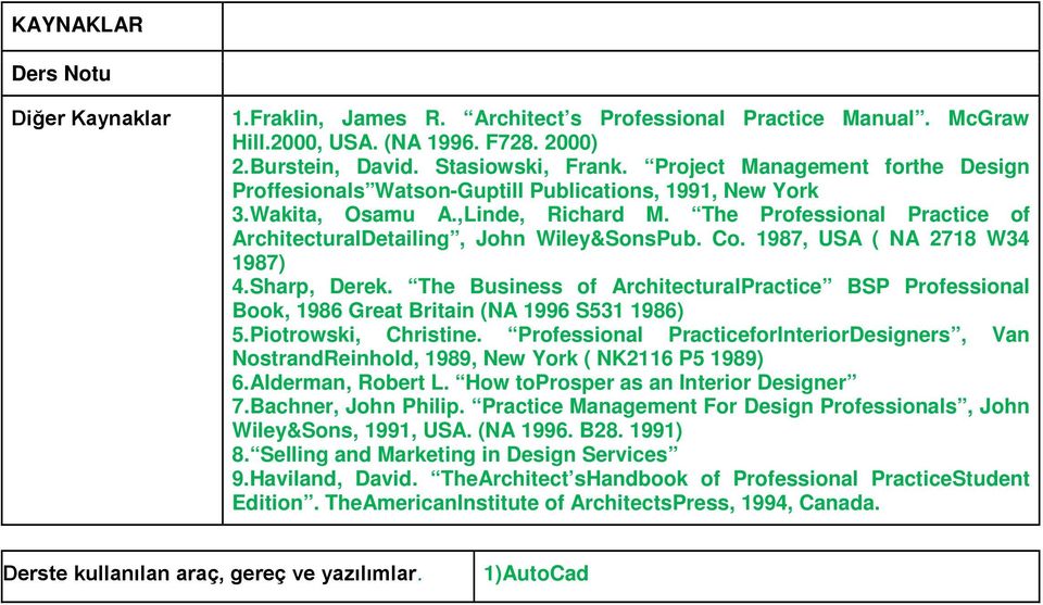Co. 1987, USA ( NA 2718 W34 1987) 4.Sharp, Derek. The Business of ArchitecturalPractice BSP Professional Book, 1986 Great Britain (NA 1996 S531 1986) 5.Piotrowski, Christine.