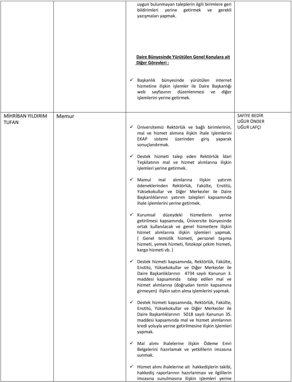 işlemlerini yerine MİHRİBAN YILDIRIM TUFAN Memur Üniversitemiz Rektörlük ve bağlı birimlerinin, mal ve hizmet alımına ilişkin ihale işlemlerini EKAP sistemi üzerinden giriş yaparak sonuçlandırmak.