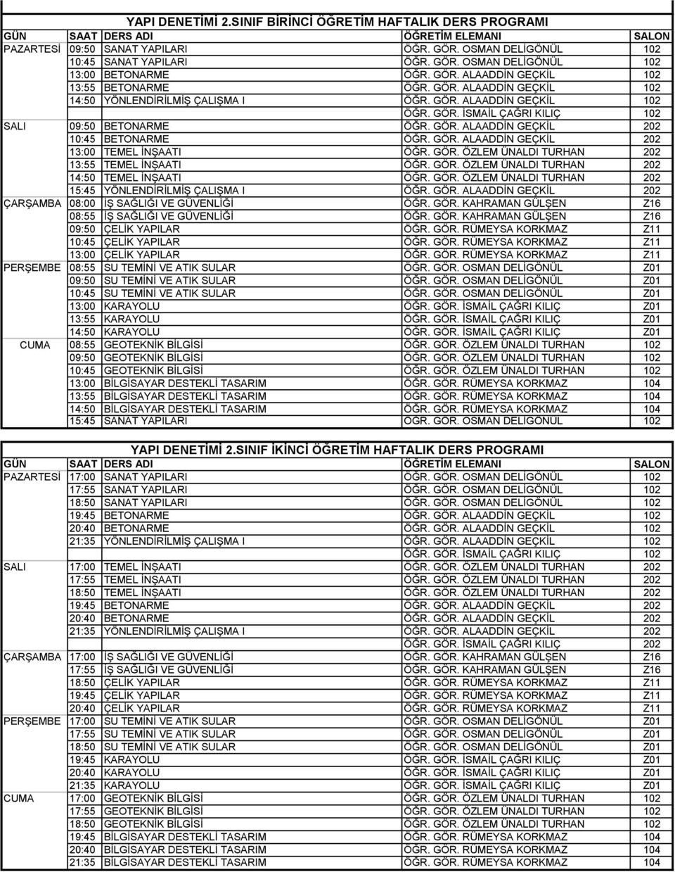 GÖR. ÖZLEM ÜNALDI TURHAN 202 13:55 TEMEL İNŞAATI ÖĞR. GÖR. ÖZLEM ÜNALDI TURHAN 202 14:50 TEMEL İNŞAATI ÖĞR. GÖR. ÖZLEM ÜNALDI TURHAN 202 15:45 YÖNLENDİRİLMİŞ ÇALIŞMA I ÖĞR. GÖR. ALAADDİN GEÇKİL 202 ÇARŞAMBA 08:00 İŞ SAĞLIĞI VE GÜVENLİĞİ ÖĞR.