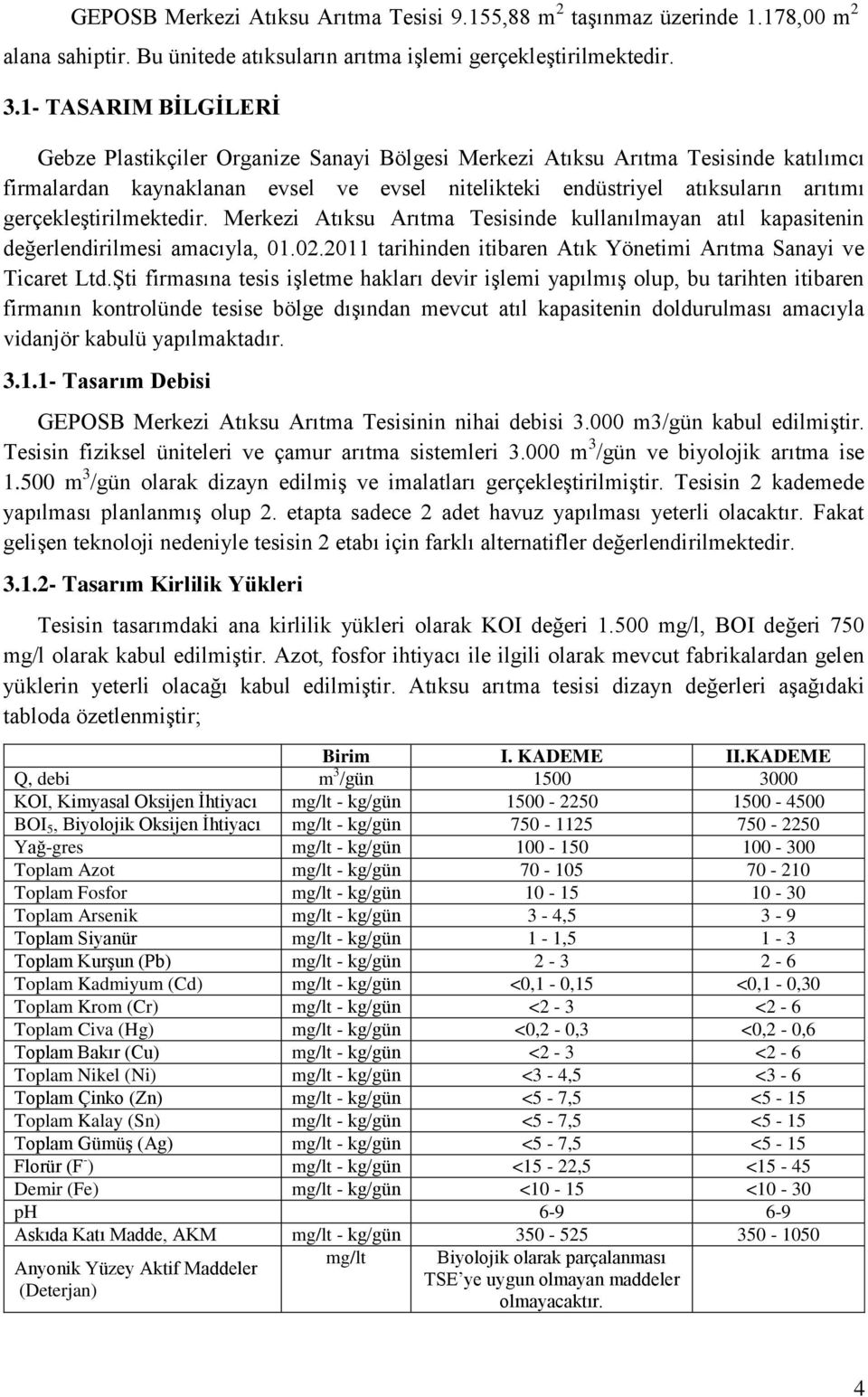 gerçekleştirilmektedir. Merkezi Atıksu Arıtma Tesisinde kullanılmayan atıl kapasitenin değerlendirilmesi amacıyla, 01.02.2011 tarihinden itibaren Atık Yönetimi Arıtma Sanayi ve Ticaret Ltd.