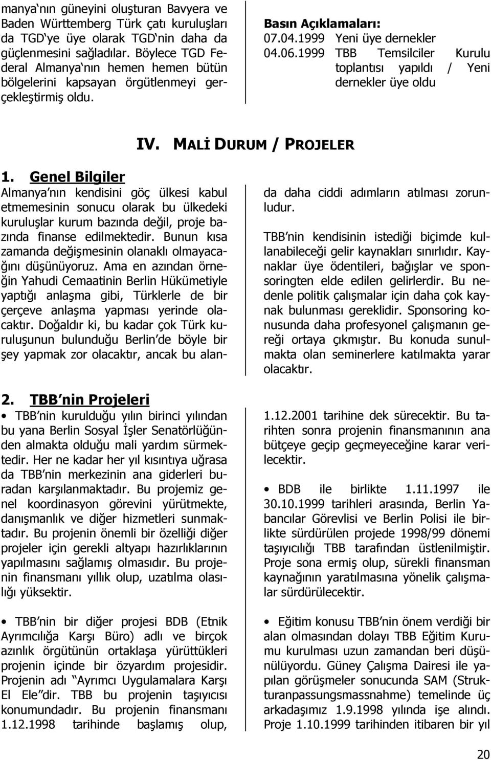 1999 TBB Temsilciler Kurulu toplantısı yapıldı / Yeni dernekler üye oldu IV. MALĐ DURUM / PROJELER 2.