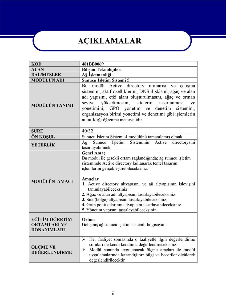 sistemini, organizasyon birimi yönetimi ve denetimi gibi işlemlerin anlatıldığı öğrenme materyalidir. SÜRE 40/32 ÖN KOŞUL Sunucu İşletim Sistemi-4 modülünü tamamlamış olmak.