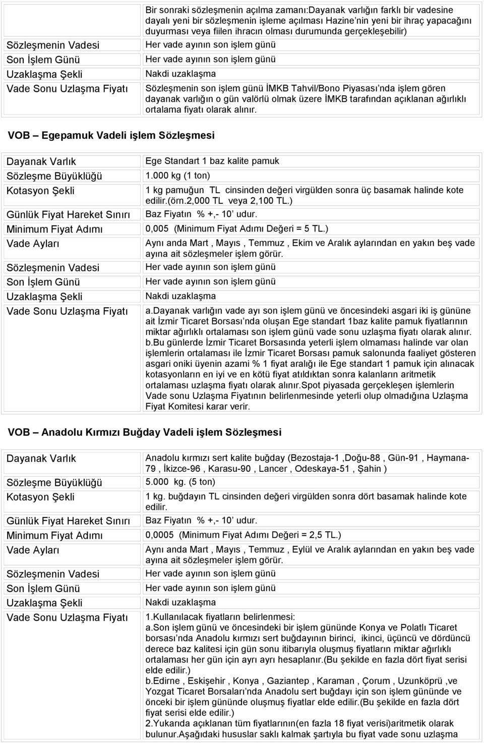 alınır. VOB Egepamuk Vadeli işlem Sözleşmesi Ege Standart 1 baz kalite pamuk 1.000 kg (1 ton) 1 kg pamuğun TL cinsinden değeri virgülden sonra üç basamak halinde kote edilir.(örn.