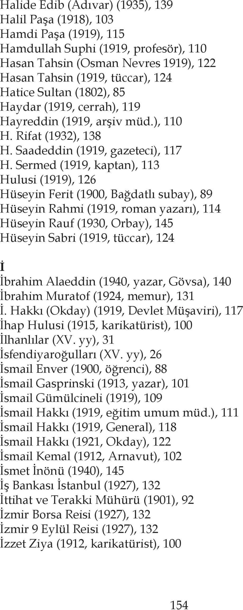 Sermed (1919, kaptan), 113 Hulusi (1919), 126 Hüseyin Ferit (1900, Bağdatlı subay), 89 Hüseyin Rahmi (1919, roman yazarı), 114 Hüseyin Rauf (1930, Orbay), 145 Hüseyin Sabri (1919, tüccar), 124 İ