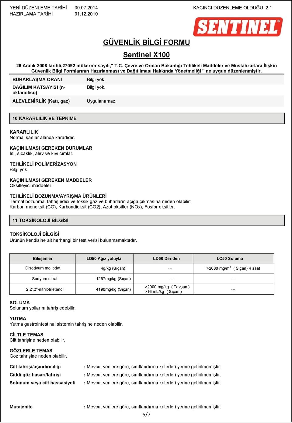 TEHLİKELİ BOZUNMA/AYRIŞMA ÜRÜNLERİ Termal bozunma, tahriş edici ve toksik gaz ve buharların açığa çıkmasına neden olabilir: Karbon monoksit (CO), Karbondioksit (CO2), Azot oksitler (NOx), Fosfor