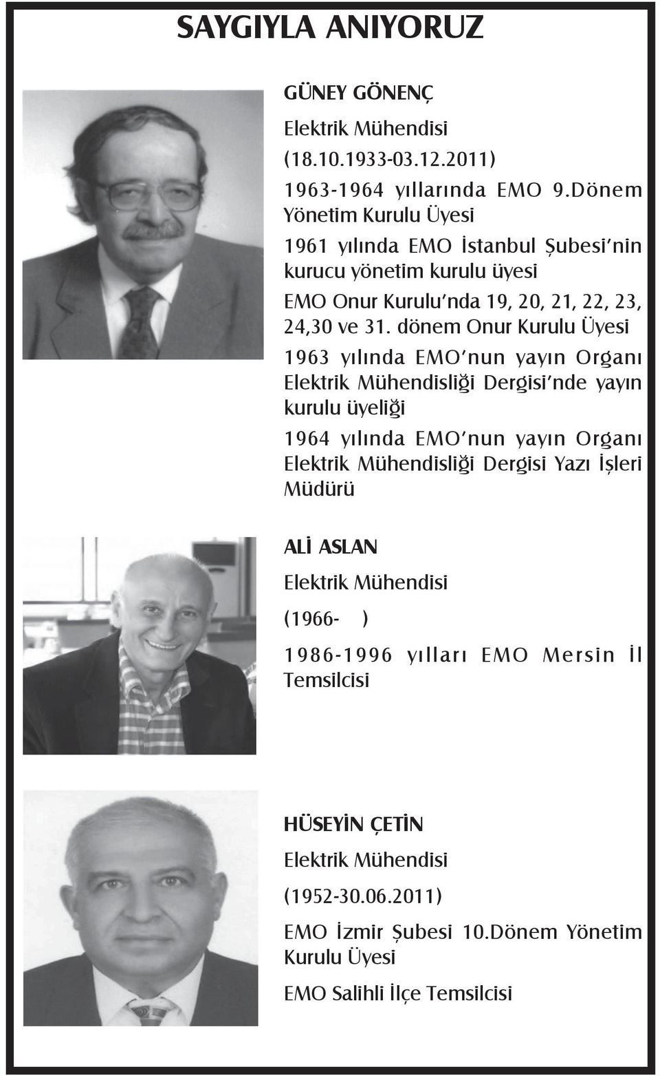 dönem Onur Kurulu Üyesi 1963 yılında EMO nun yayın Organı Elektrik Mühendisliği Dergisi nde yayın kurulu üyeliği 1964 yılında EMO nun yayın