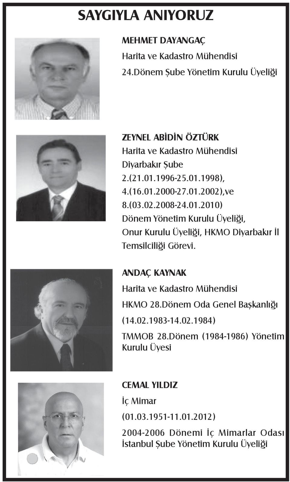 (03.02.2008-24.01.2010) Dönem Yönetim Kurulu Üyeliği, Onur Kurulu Üyeliği, HKMO Diyarbakır İl Temsilciliği Görevi.