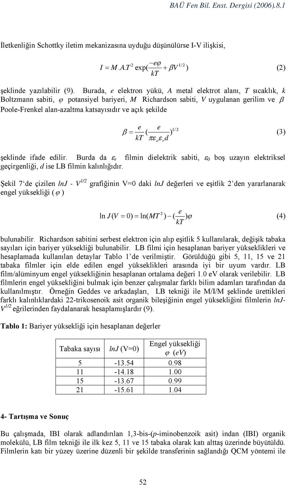 şekilde β e kt e πε ε d 1/2 = ( ) (3) o r şeklinde ifade edilir. Burda da ε r filmin dielektrik sabiti, ε 0 boş uzayın elektriksel geçirgenliği, d ise LB filmin kalınlığıdır.