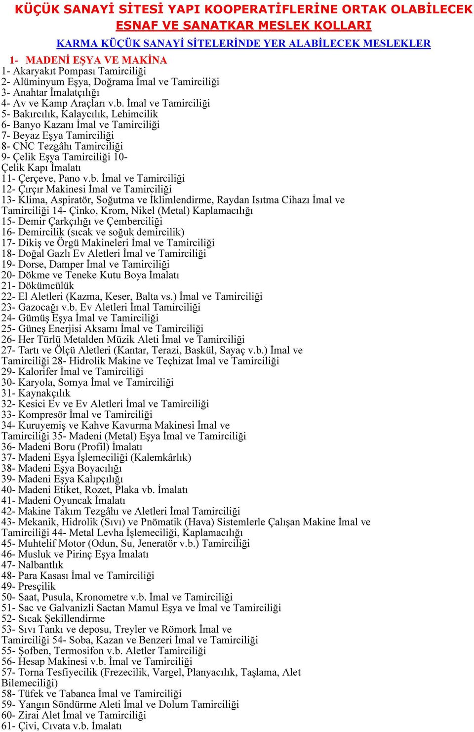 İmal ve Tamirciliği 5- Bakırcılık, Kalaycılık, Lehimcilik 6- Banyo Kazanı İmal ve Tamirciliği 7- Beyaz Eşya Tamirciliği 8- CNC Tezgâhı Tamirciliği 9- Çelik Eşya Tamirciliği 10- Çelik Kapı İmalatı 11-