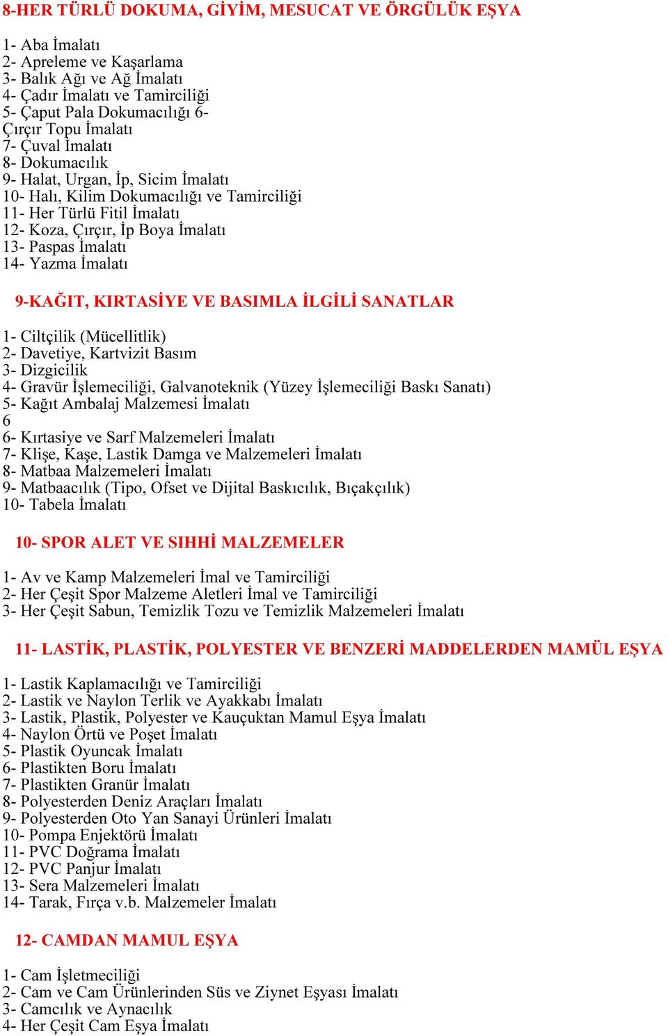 Yazma İmalatı 9-KAĞIT, KIRTASİYE VE BASIMLA İLGİLİ SANATLAR 1- Ciltçilik (Mücellitlik) 2- Davetiye, Kartvizit Basım 3- Dizgicilik 4- Gravür İşlemeciliği, Galvanoteknik (Yüzey İşlemeciliği Baskı