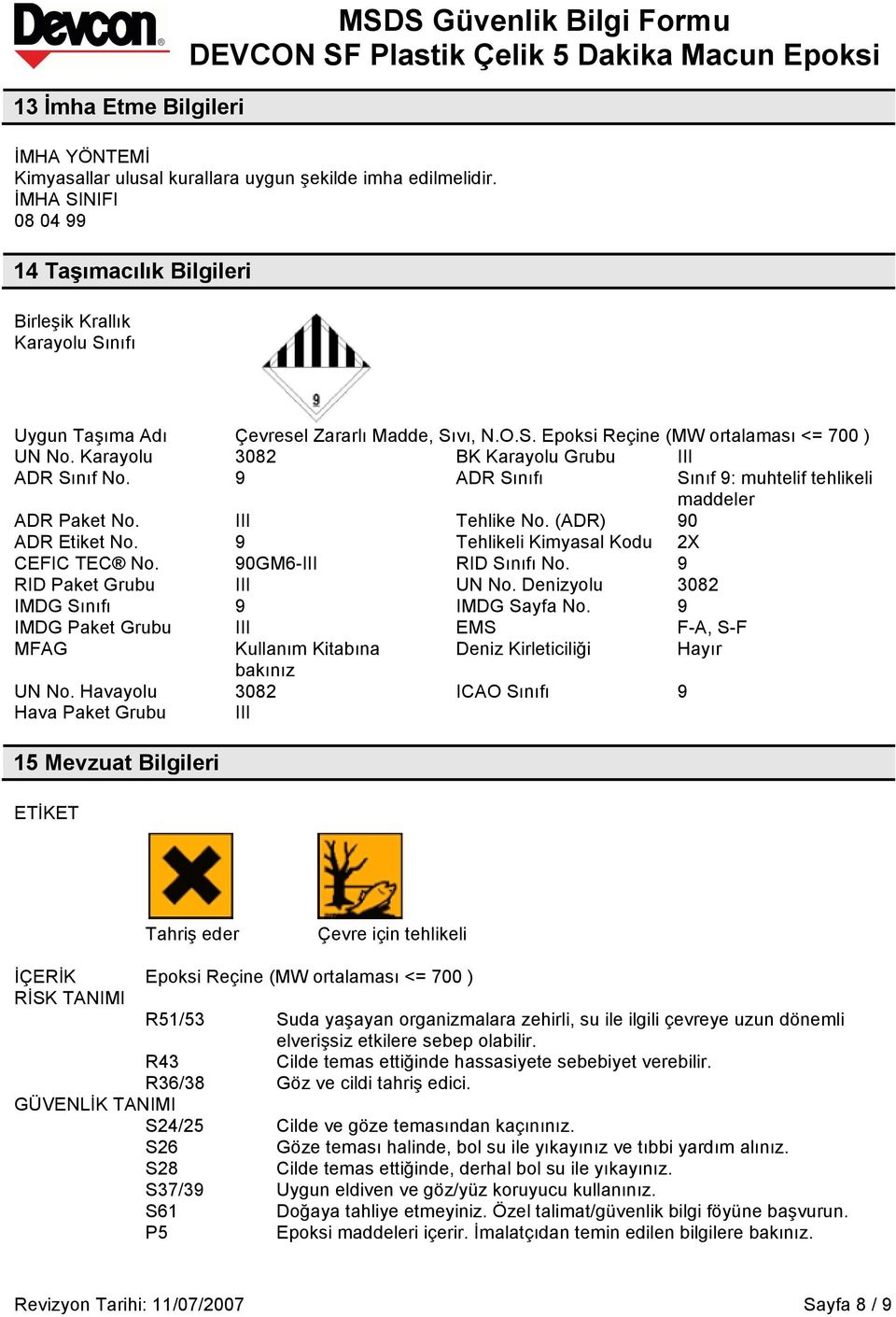 Karayolu 3082 BK Karayolu Grubu III ADR Sınıf No. 9 ADR Sınıfı Sınıf 9: muhtelif tehlikeli maddeler ADR Paket No. III Tehlike No. (ADR) 90 ADR Etiket No. 9 Tehlikeli Kimyasal Kodu 2X CEFIC TEC No.