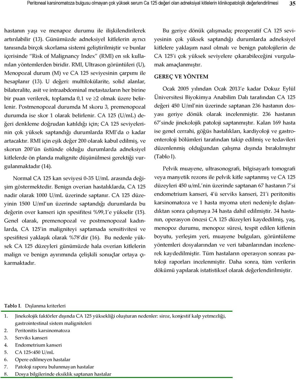 Günümüzde adneksiyel kitlelerin ayrıcı tanısında birçok skorlama sistemi geliştirilmiştir ve bunlar içerisinde Risk of Malignancy Index (RMI) en sık kullanılan yöntemlerden biridir.