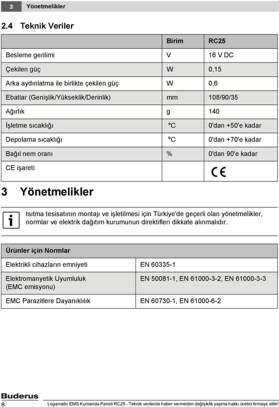 sıcaklığı C 0'dan +50'e kadar Depolama sıcaklığı C 0'dan +70'e kadar ağıl nem oranı % 0'dan 90'e kadar CE işareti 3 Yönetmelikler Isıtma tesisatının montajı ve işletilmesi için Türkiye'de geçerli