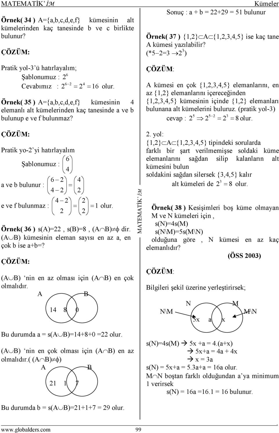 Sonuç : a + b = +9 = 51 bulunur Örnek( 7 ) {1,} {1,,,4,5} ise kaç tane kümesi yazılabilir?