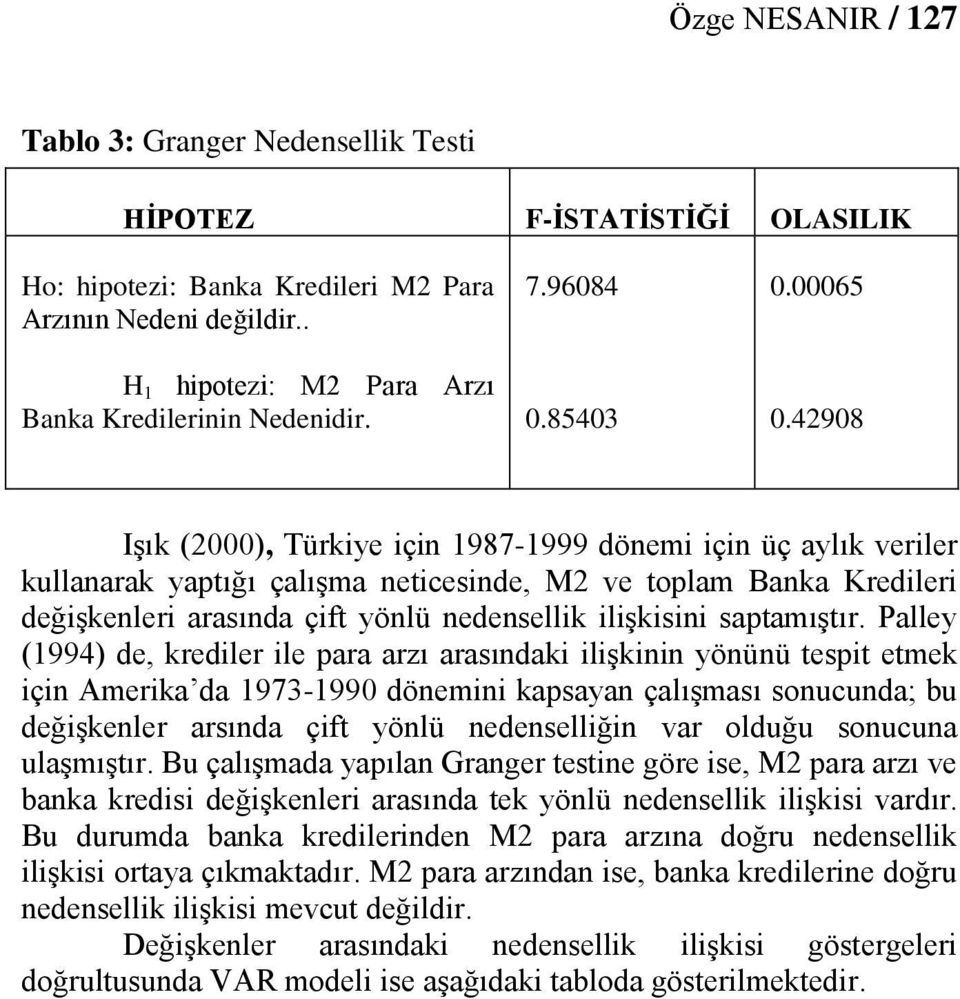 42908 Işık (2000), Türkiye için 1987-1999 dönemi için üç aylık veriler kullanarak yaptığı çalışma neticesinde, M2 ve toplam Banka Kredileri değişkenleri arasında çift yönlü nedensellik ilişkisini