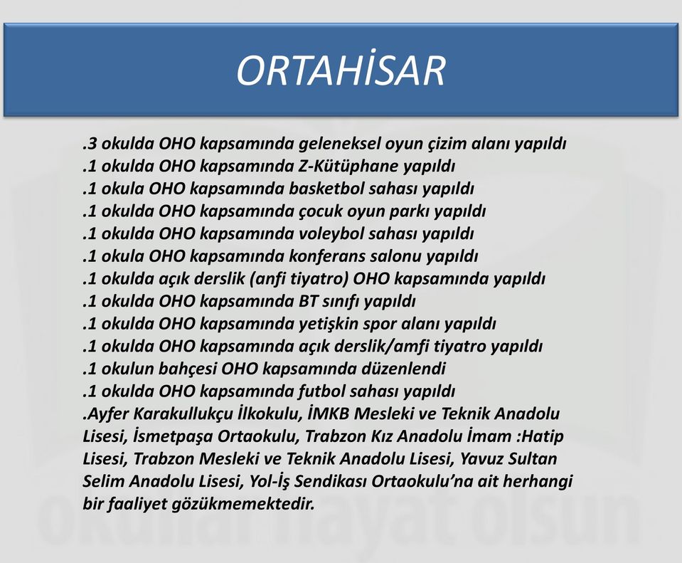 1 okulda açık derslik (anfi tiyatro) OHO kapsamında yapıldı.1 okulda OHO kapsamında BT sınıfı yapıldı.1 okulda OHO kapsamında yetişkin spor alanı yapıldı.