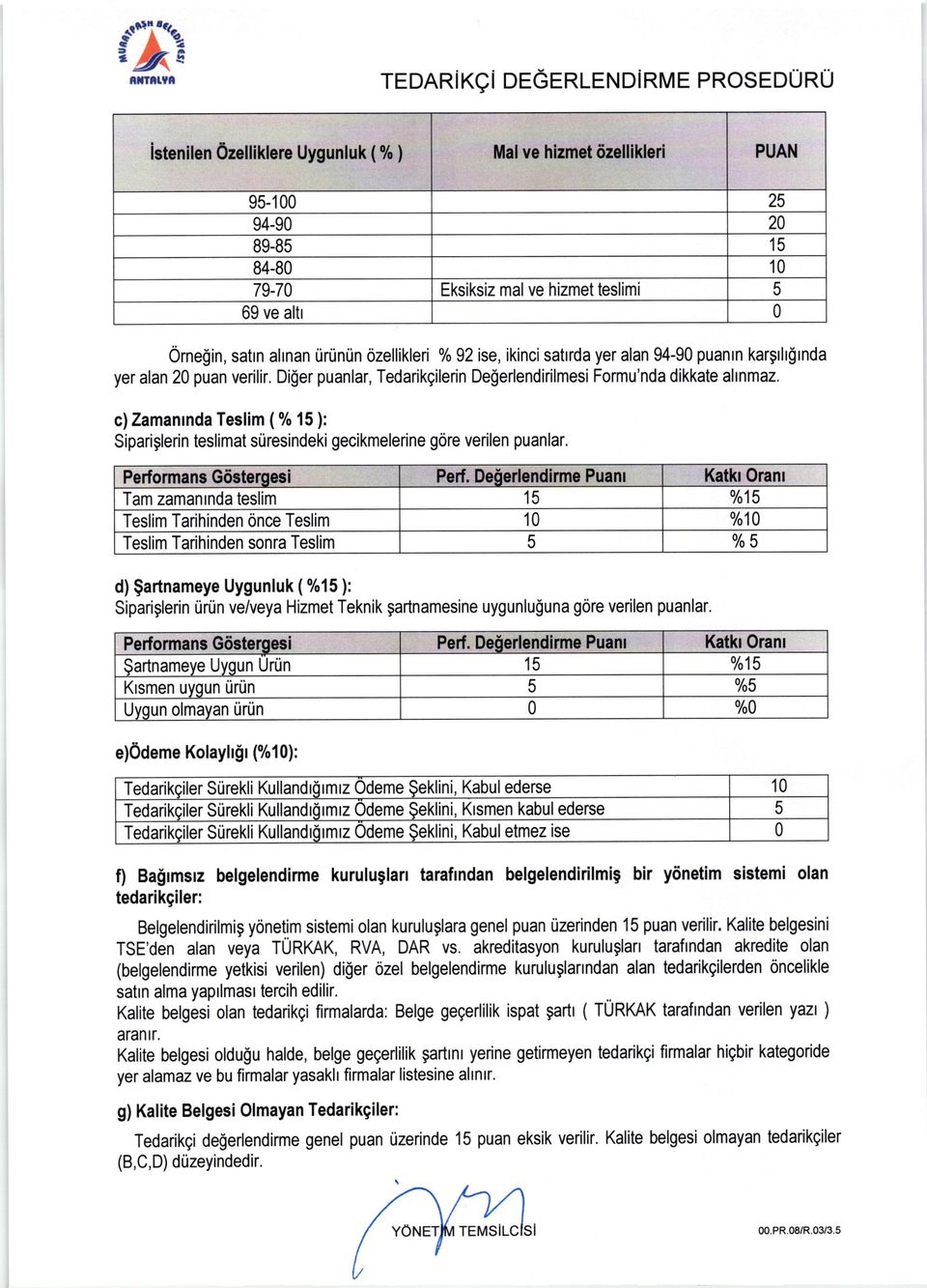 Diger puanlar, Tedarikgilerin De$erlendirilmesi Formu'nda dikkate altnmaz. c)zamanrnda Teslim (% 15 ): Sipariglerin teslimat suresindeki gecikmelerine gore verilen puanlar.