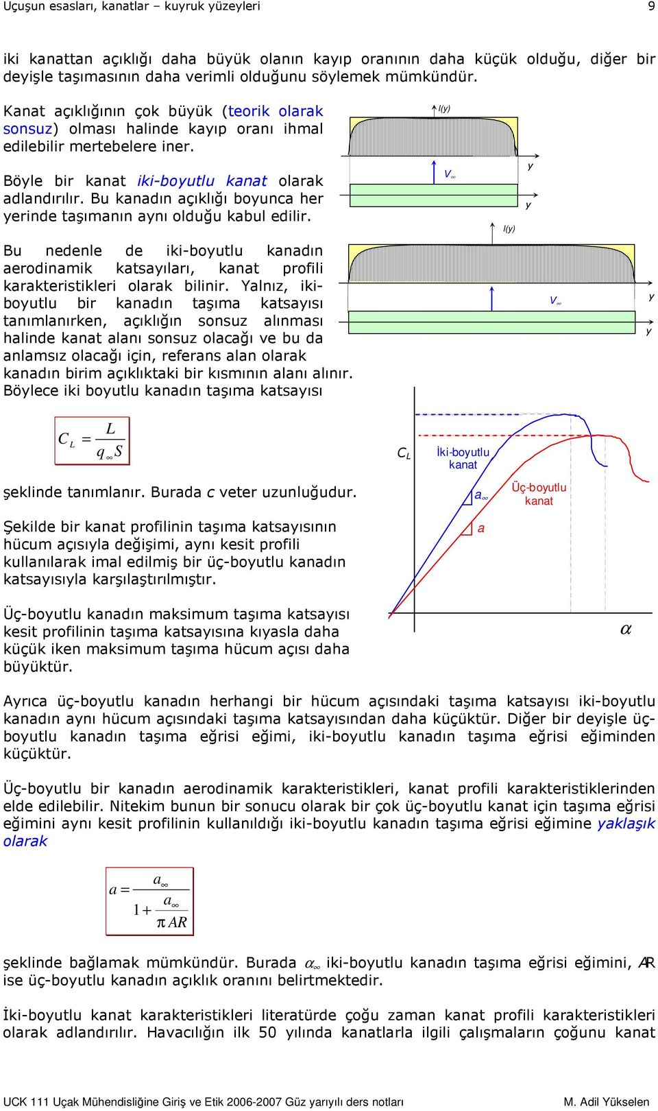 Bu kanadın açıklığı boyunca her yerinde taşımanın aynı olduğu kabul edilir. V l(y) y y Bu nedenle de iki-boyutlu kanadın aerodinamik katsayıları, kanat profili karakteristikleri olarak bilinir.