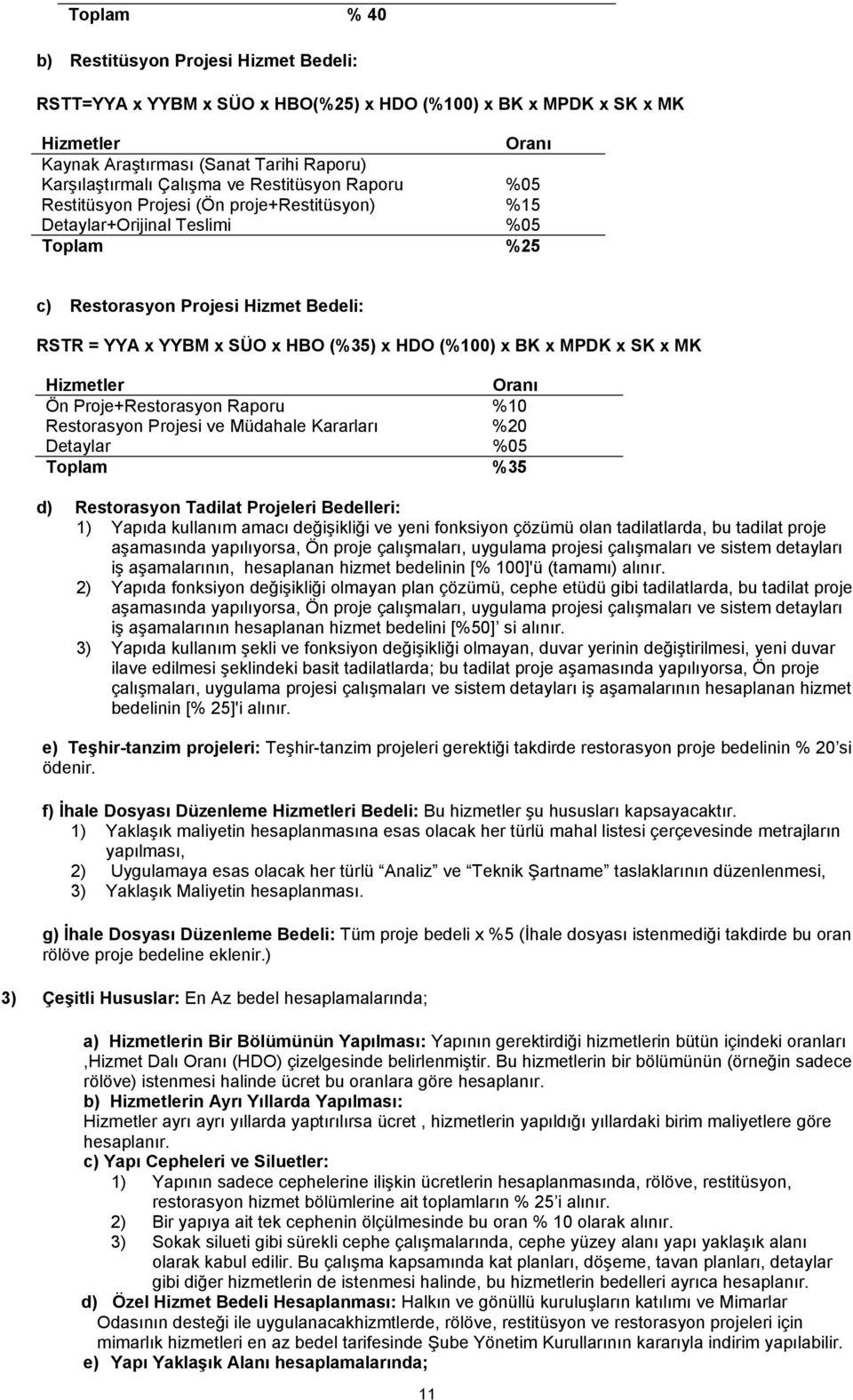 (%100) x BK x MPDK x SK x MK Hizmetler Oranı Ön Proje+Restorasyon Raporu %10 Restorasyon Projesi ve Müdahale Kararları %20 Detaylar %05 Toplam %35 d) Restorasyon Tadilat Projeleri Bedelleri: 1)