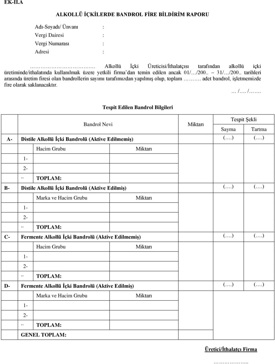 kullanılmak üzere yetkili firma dan temin edilen ancak 01/ /200.. 31/ /200.. tarihleri arasında üretim firesi olan bandrollerin sayımı tarafımızdan yapılmış olup, toplam.