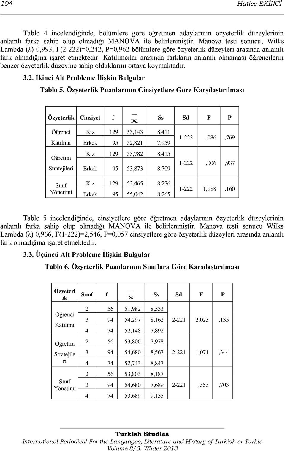 Katılımcılar arasında farkların anlamlı olmaması öğrencilerin benzer özyeterlik düzeyine sahip olduklarını ortaya koymaktadır. 3.2. İkinci Alt Probleme İlişkin Bulgular Tablo 5.