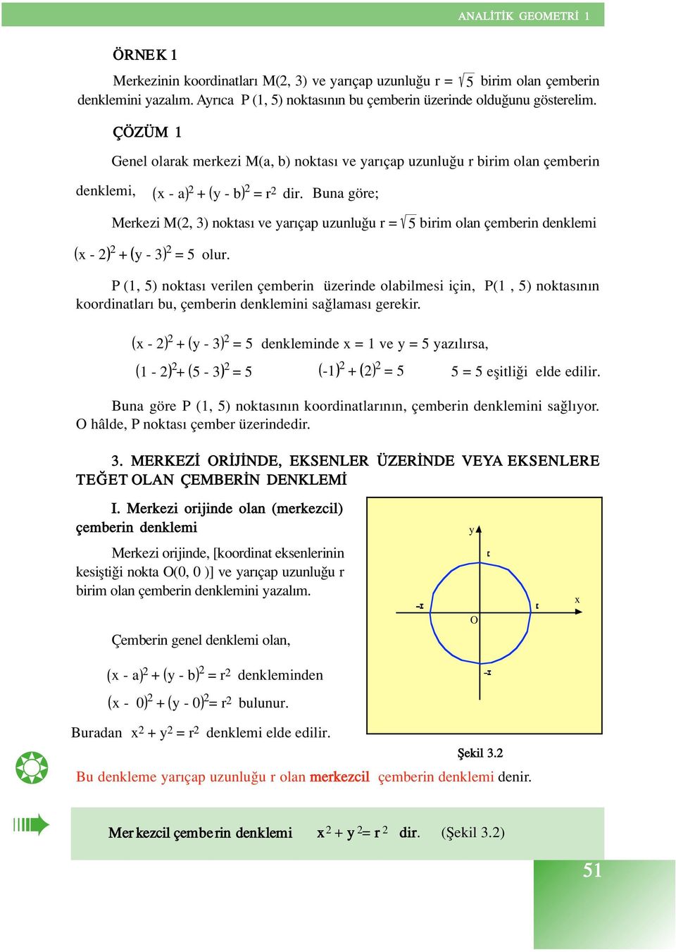 Buna göre; Merkezi M(, 3) noktas ve ar çap uzunlu u r = 5 birim olan çemberin denklemi - + - 3 = 5 olur.