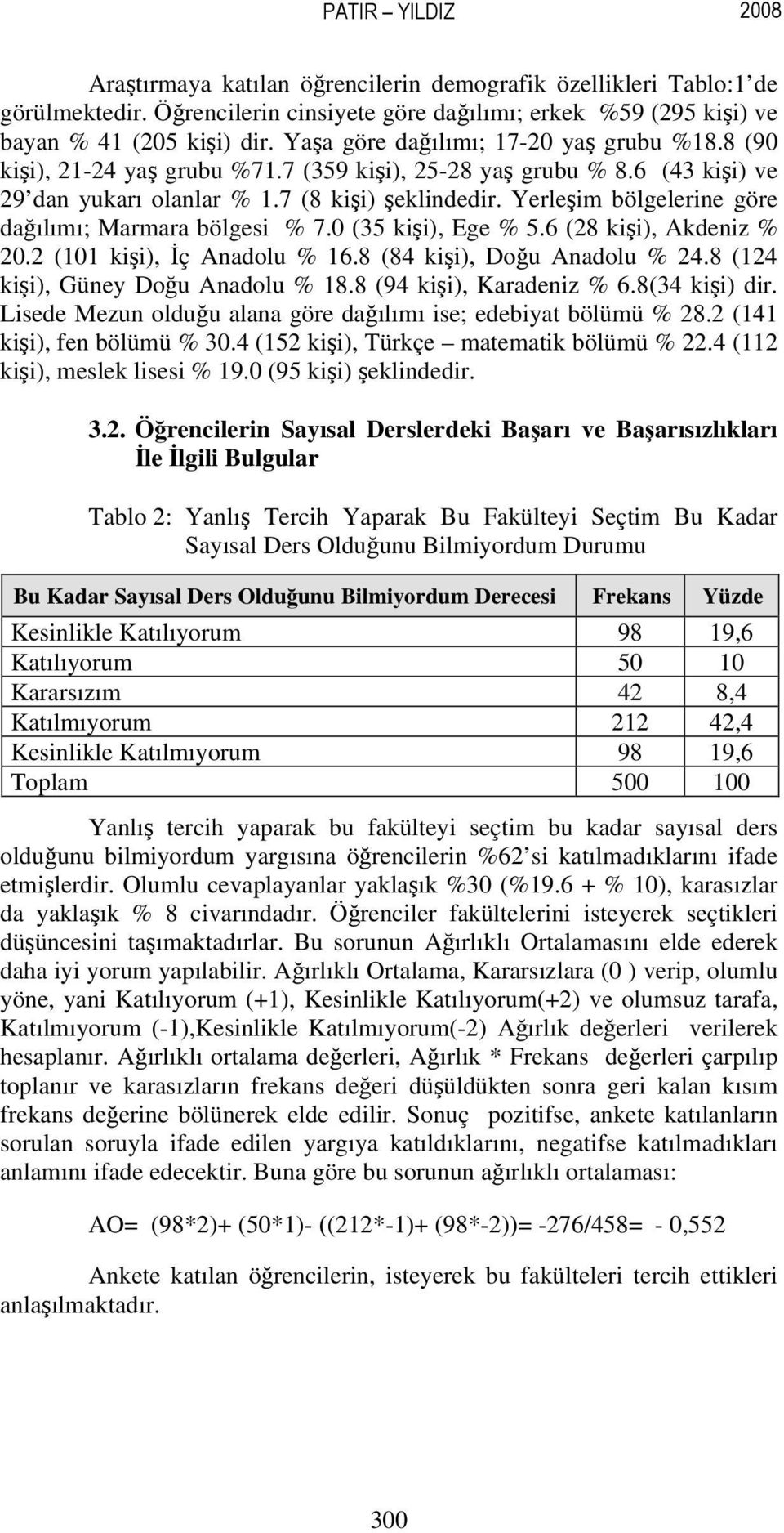 Yerleşim bölgelerine göre dağılımı; Marmara bölgesi % 7.0 (35 kişi), Ege % 5.6 (28 kişi), Akdeniz % 20.2 (101 kişi), İç Anadolu % 16.8 (84 kişi), Doğu Anadolu % 24.