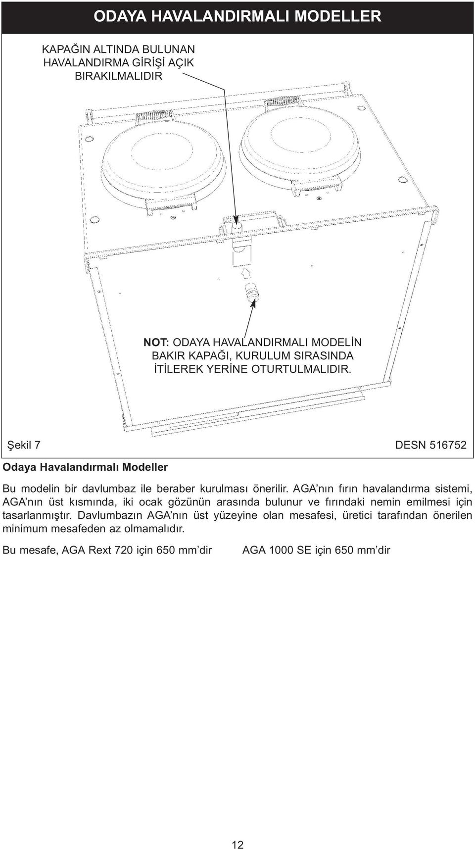 AGA nın fırın havalandırma sistemi, AGA nın üst kısmında, iki ocak gözünün arasında bulunur ve fırındaki nemin emilmesi için tasarlanmıştır.