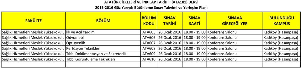 00 Konferans Salonu Kadıköy (Hasanpaşa) Sağlık Hizmetleri Meslek Yüksekokulu (İkinci Optisyenlik Öğretim) ATA607 26 Ocak 2016 18.00-19.