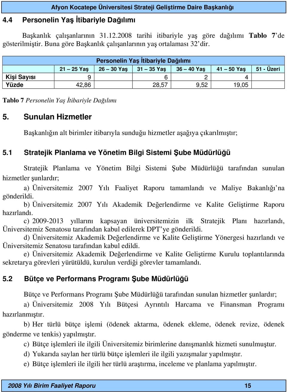 Sunulan Hizmetler Başkanlığın alt birimler itibarıyla sunduğu hizmetler aşağıya çıkarılmıştır; 5.