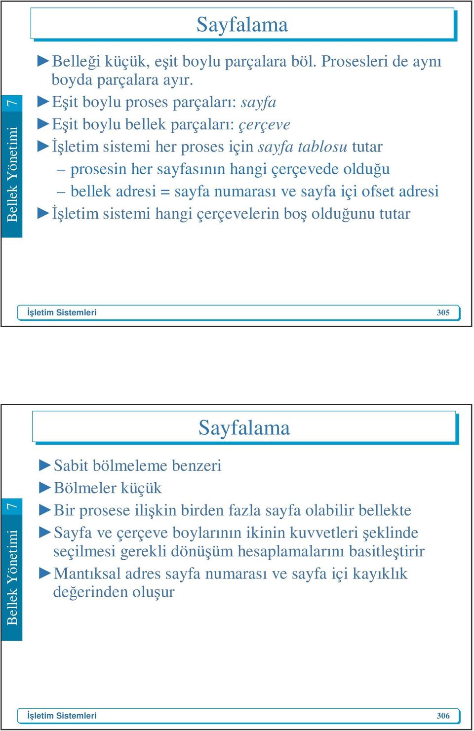 olduğu bellek adresi = sayfa numarası ve sayfa içi ofset adresi İşletim sistemi hangi çerçevelerin boş olduğunu tutar 305 Sayfalama Sabit bölmeleme benzeri Bölmeler