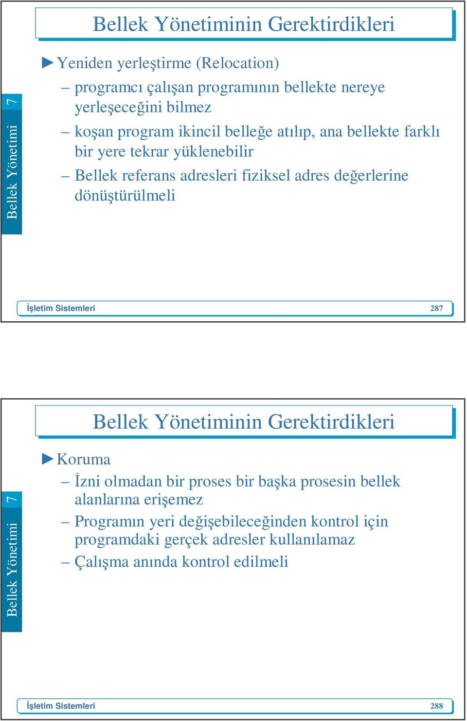 adres değerlerine dönüştürülmeli 287 Bellek Yönetiminin Gerektirdikleri Koruma İzni olmadan bir proses bir başka prosesin bellek