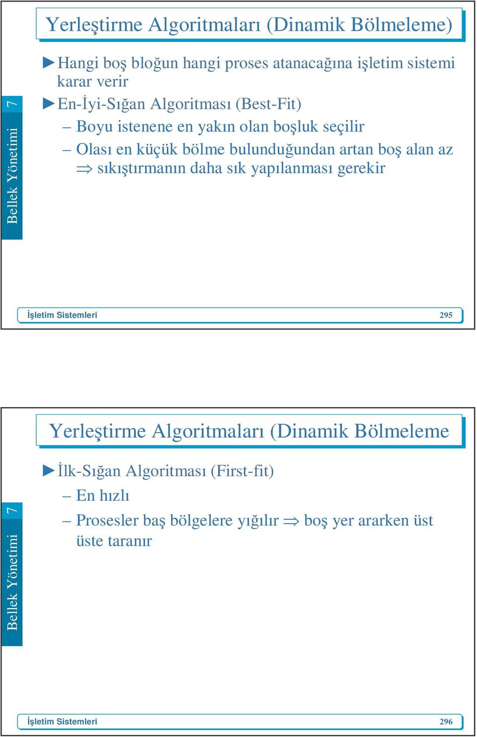 bulunduğundan artan boş alan az sıkıştırmanın daha sık yapılanması gerekir 295 Yerleştirme Algoritmaları