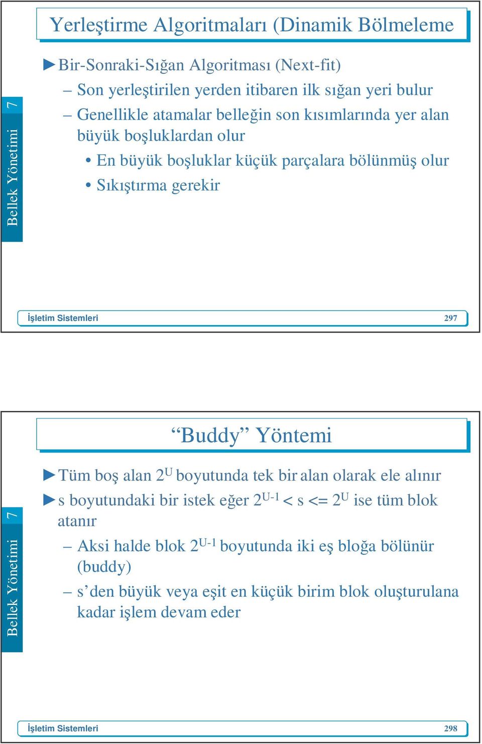 gerekir 297 Buddy Yöntemi Tüm boş alan 2 U boyutunda tek bir alan olarak ele alınır s boyutundaki bir istek eğer 2 U-1 < s <= 2 U ise tüm blok