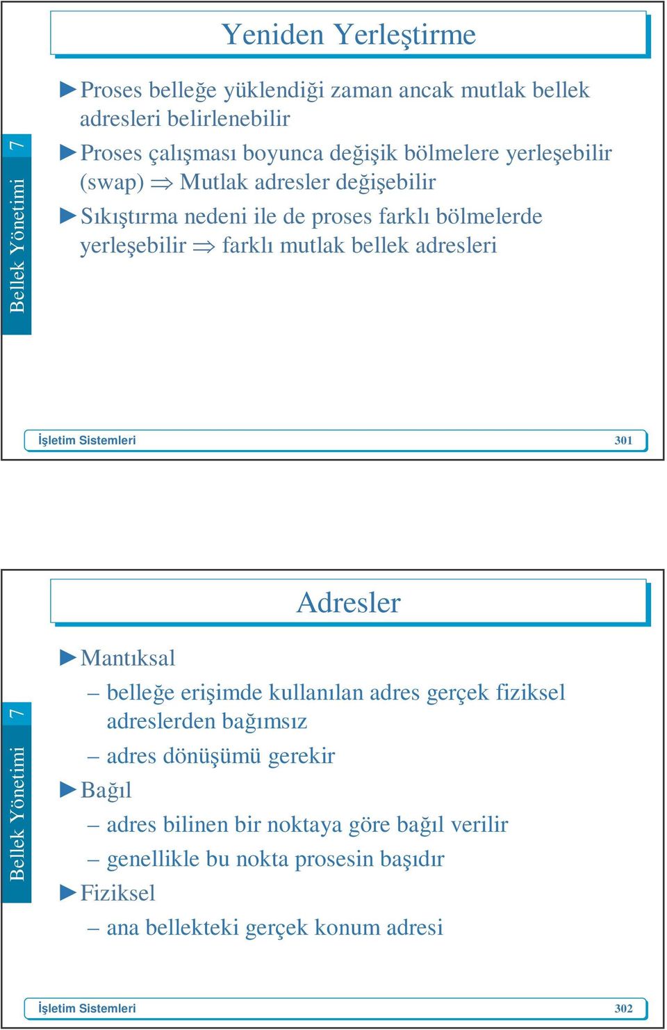 mutlak bellek adresleri 301 Adresler Mantıksal belleğe erişimde kullanılan adres gerçek fiziksel adreslerden bağımsız adres dönüşümü