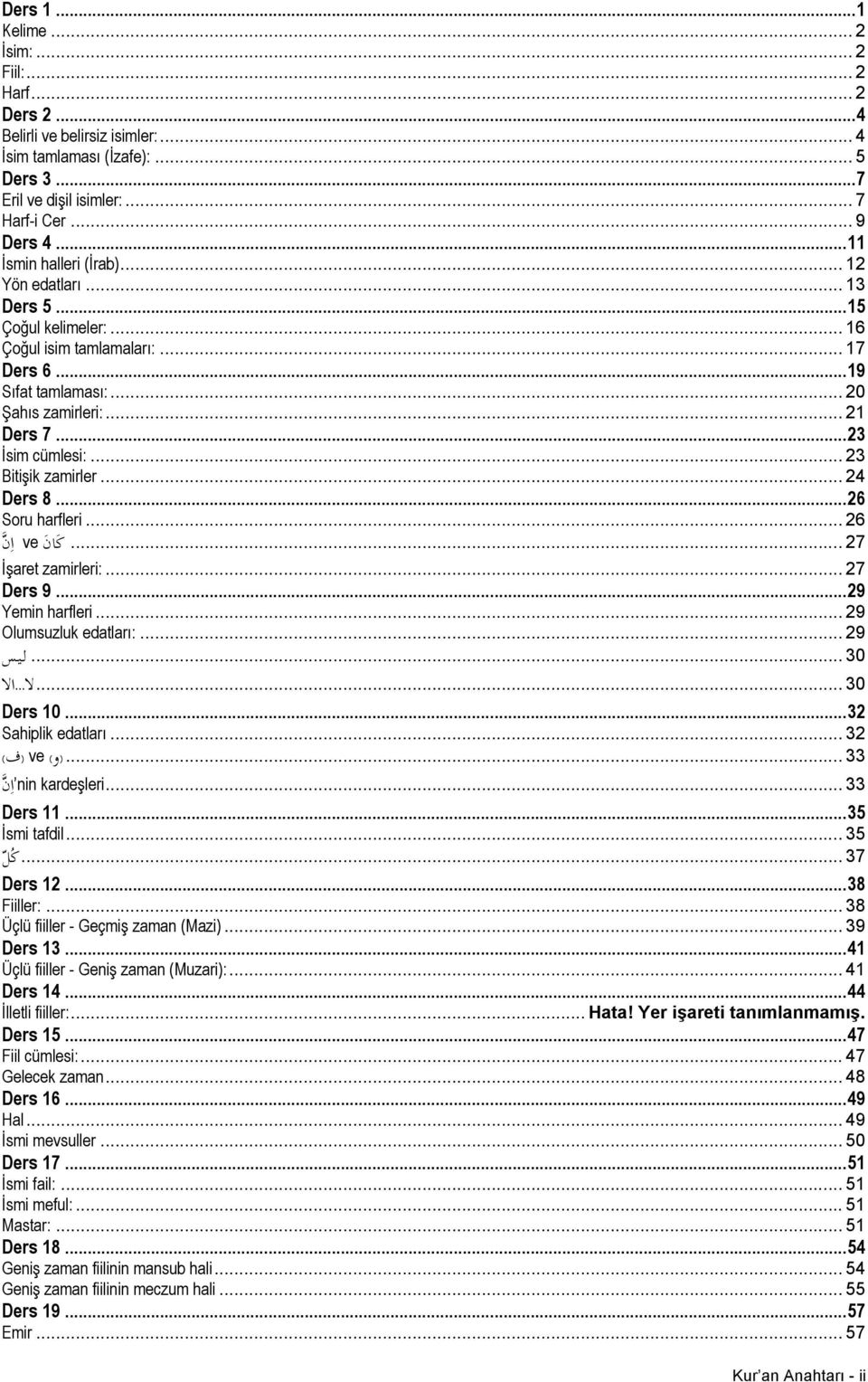 .. 23 Bitişik zamirler... 24 Ders 8...26 Soru harfleri... 26... 27 ک ان ve ا ن Đşaret zamirleri:... 27 Ders 9...29 Yemin harfleri... 29 Olumsuzluk edatları:... 29... 30 ليس 30...لا...الا Ders 10.