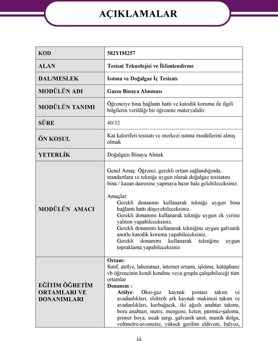 SÜRE 40/32 ÖN KOŞUL YETERLİK Kat kaloriferi tesisatı ve merkezi ısıtma modüllerini almış olmak Doğalgazı Binaya Almak Genel Amaç: Öğrenci, gerekli ortam sağlandığında, standartlara ve tekniğe uygun