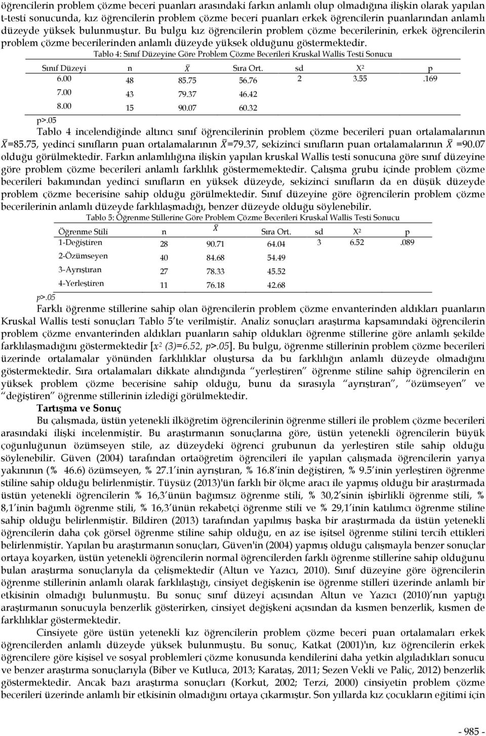 Tablo 4: Sınıf Düzeyine Göre Problem Çözme Becerileri Kruskal Wallis Testi Sonucu Sınıf Düzeyi n Sıra Ort. sd X 2 p 6.00 48 85.75 56.76 2 3.55.169 7.00 43 79.37 46.42 8.00 15 90.07 60.32 p>.